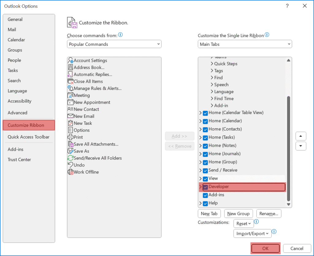 Developers Tab Selection